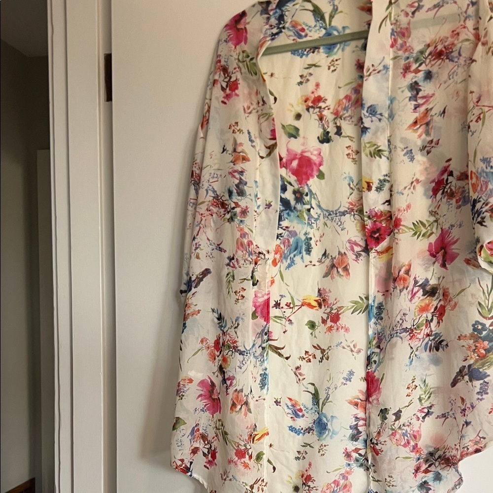 Floral Open Front Kimono Jacket - Cream with Pink & Blue Flowers